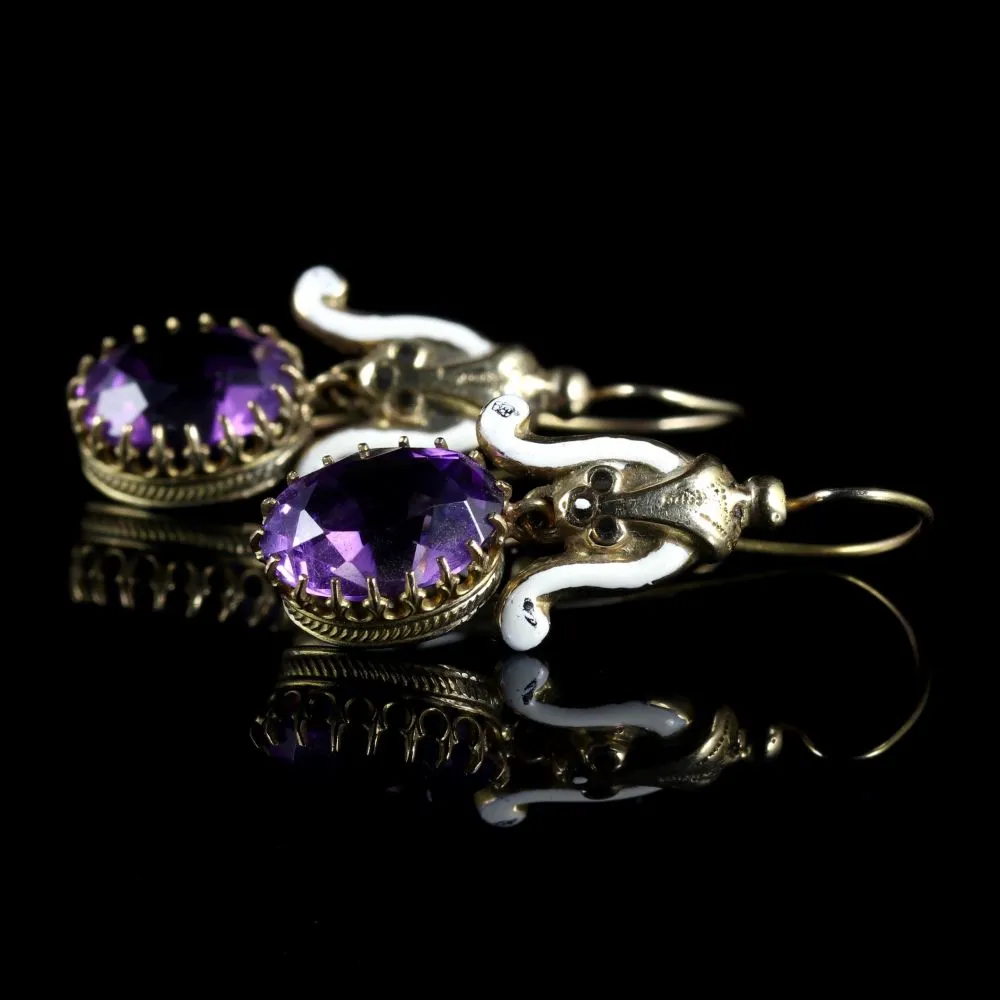 Antique Victorian Amethyst White Enamel Earrings 18Ct Gold