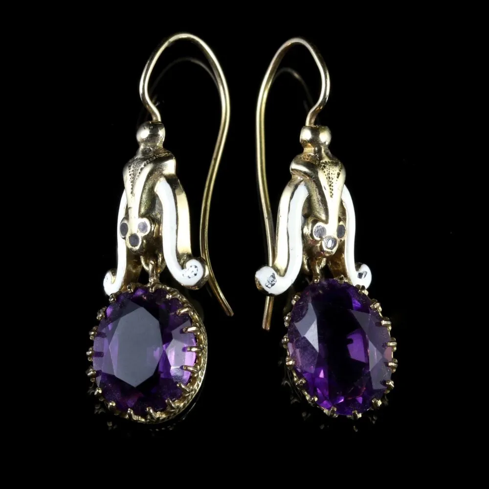 Antique Victorian Amethyst White Enamel Earrings 18Ct Gold