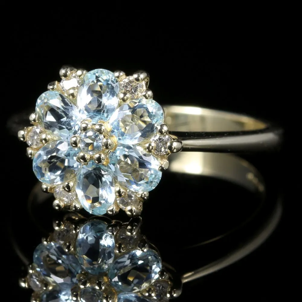 Aquamarine Diamond Cluster Ring 9Ct Yellow Gold