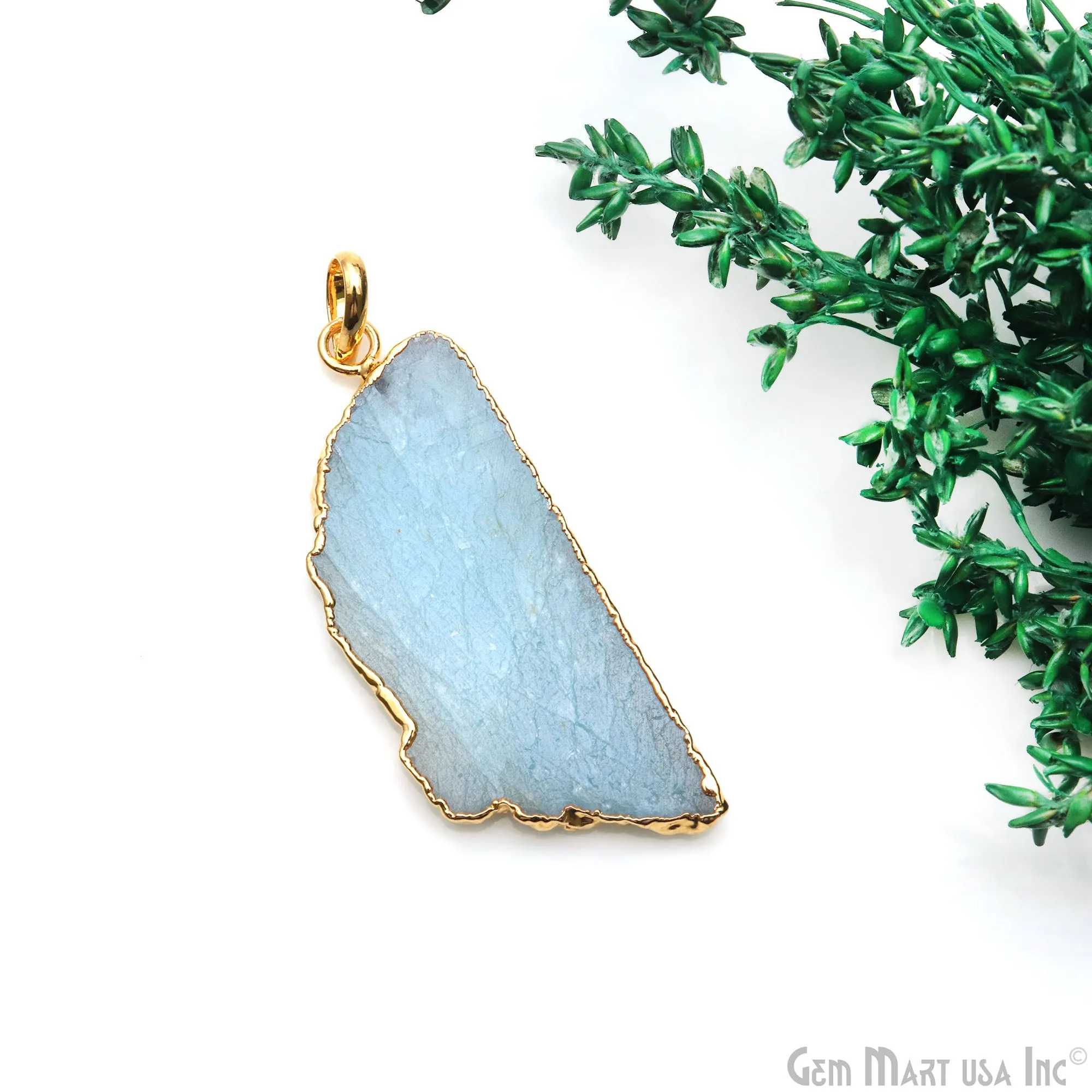 Aquamarine Free Form shape 47x19mm Gold Electroplated Gemstone Single Bail Pendant