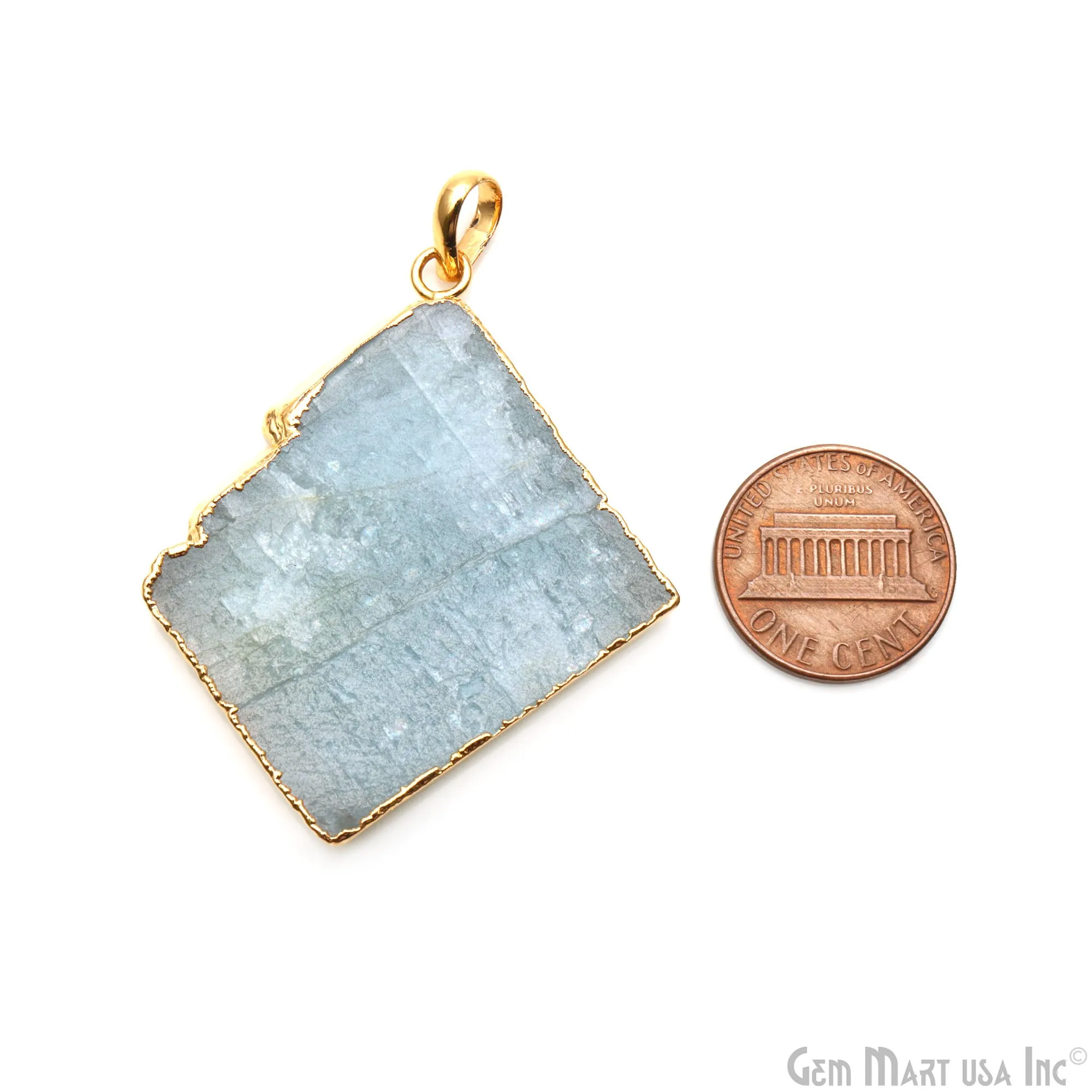 Aquamarine Free Form shape 48x41mm Gold Electroplated Gemstone Single Bail Pendant