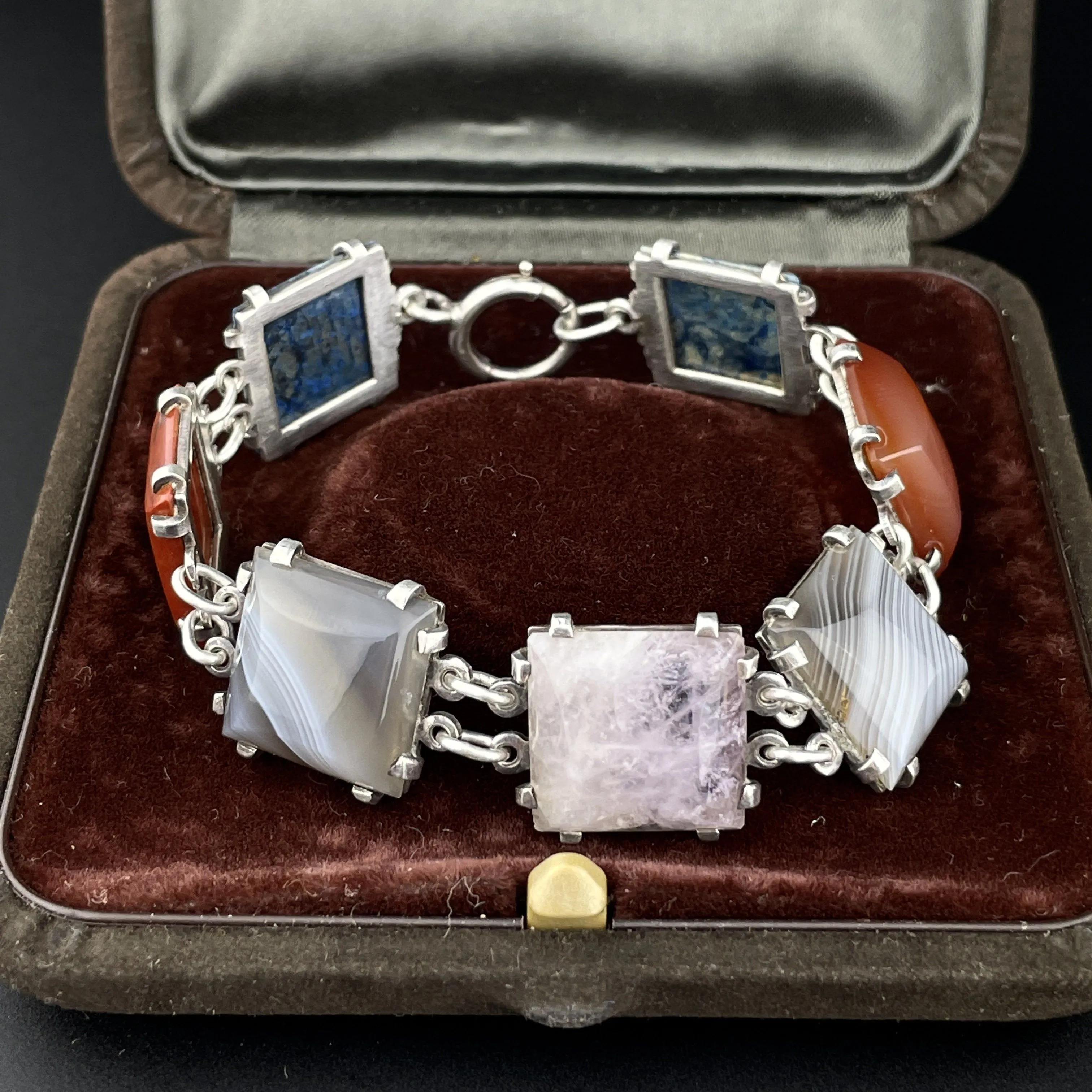 Art Deco Silver Scottish Banded Agate Bracelet