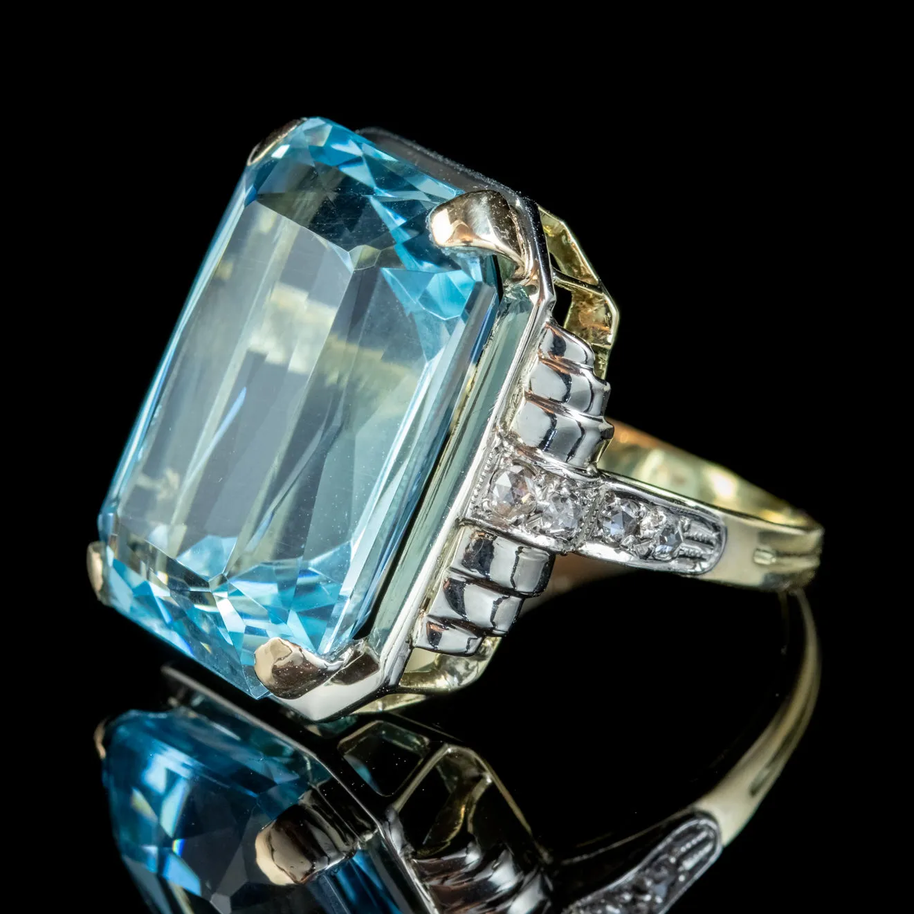 Art Deco Style Aquamarine Diamond Cocktail Ring 14ct Gold 14.50ct Scissor Cut Aqua