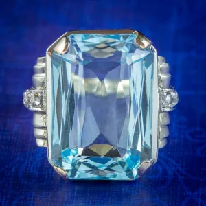 Art Deco Style Aquamarine Diamond Cocktail Ring 14ct Gold 14.50ct Scissor Cut Aqua