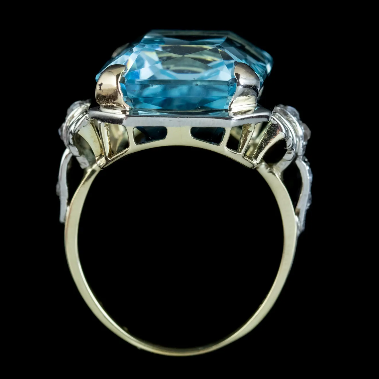 Art Deco Style Aquamarine Diamond Cocktail Ring 14ct Gold 14.50ct Scissor Cut Aqua