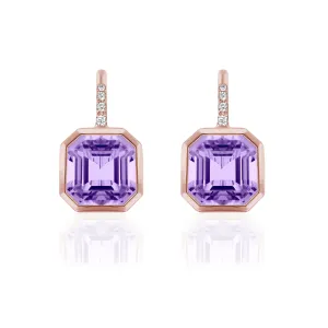 Asscher Cut Lavender Amethyst Earrings on Wire with Diamonds