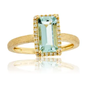 Baguette-Cut Aquamarine in Yellow Gold with Diamond Halo Ring