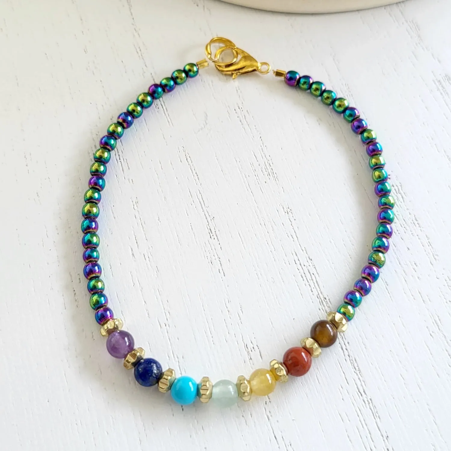 BESHEEK Goldtone Rainbow Hematite Chakra Beaded Adjustable Bracelet| Handmade Hypoallergenic Boho Beach Gala Wedding Style Jewelry