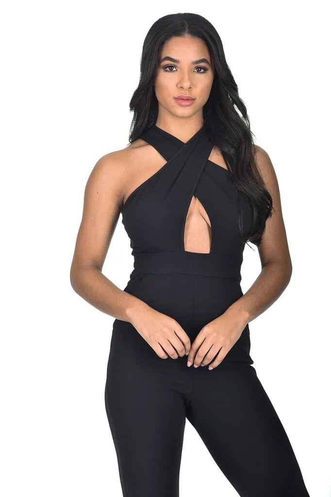 Black Cross Over Halter Neck Jumpsuit