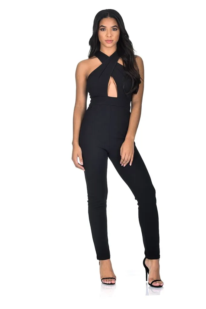 Black Cross Over Halter Neck Jumpsuit