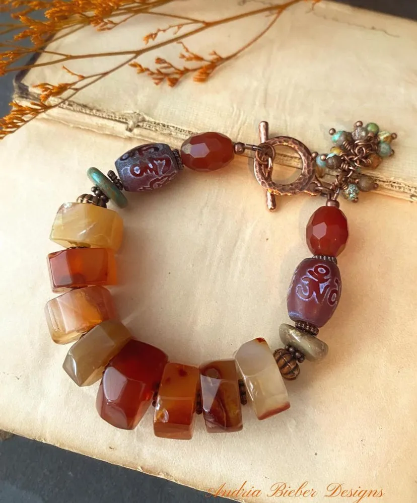 Carnelian orange agate, dzi agate, green turquoise stone, copper metal, chunky bracelet