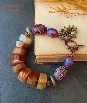 Carnelian orange agate, dzi agate, green turquoise stone, copper metal, chunky bracelet