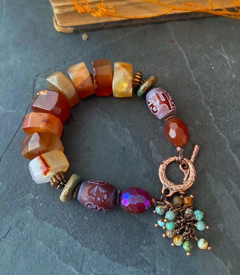 Carnelian orange agate, dzi agate, green turquoise stone, copper metal, chunky bracelet