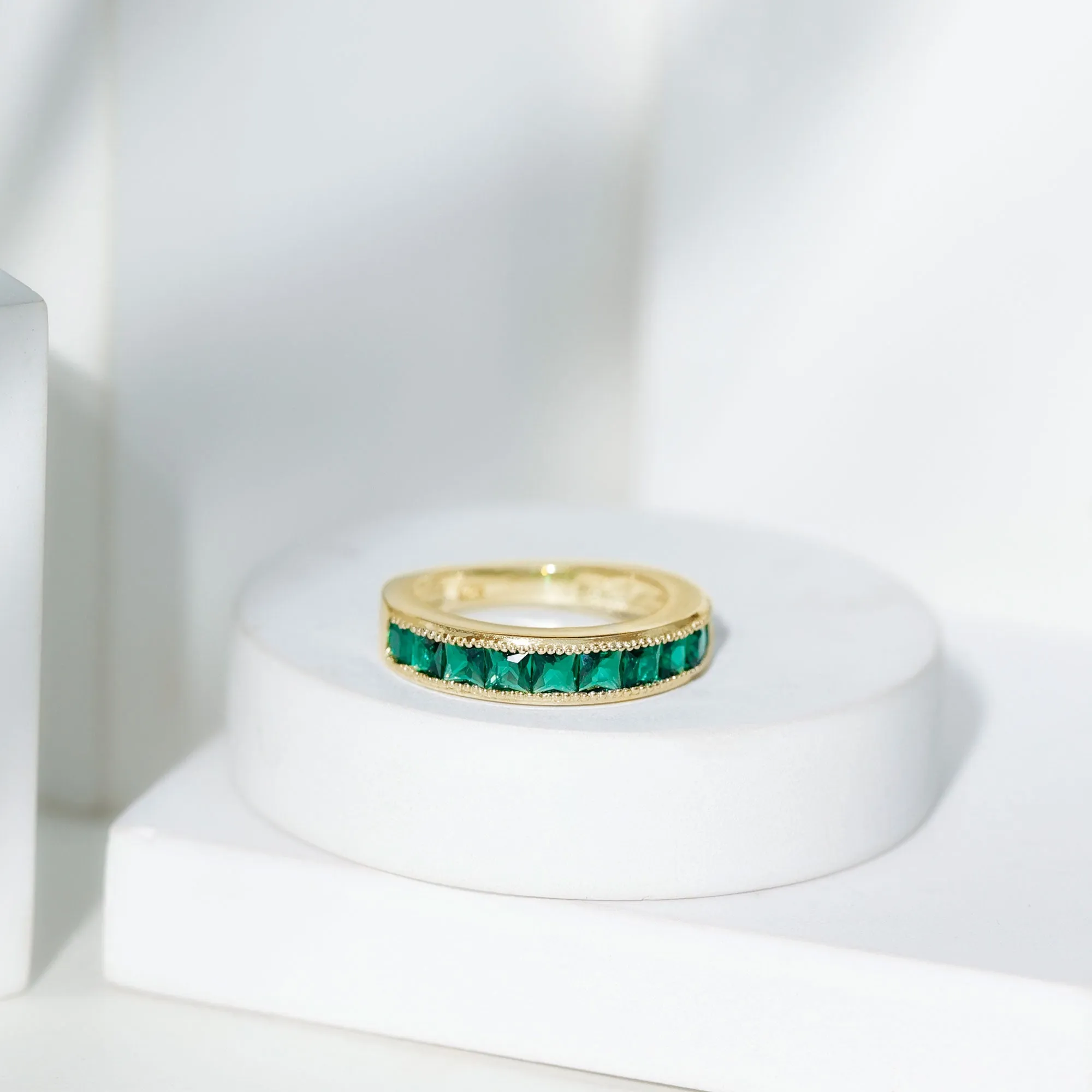 Channel Set Created Emerald Semi Eternity Band Ring with Milgrain Gold