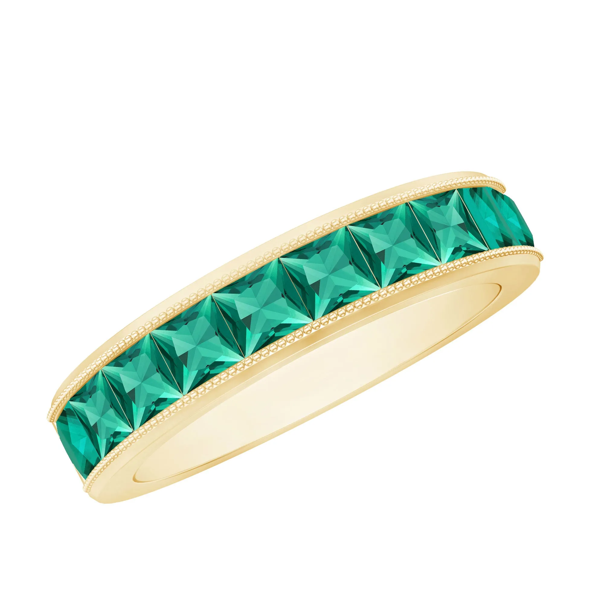 Channel Set Created Emerald Semi Eternity Band Ring with Milgrain Gold