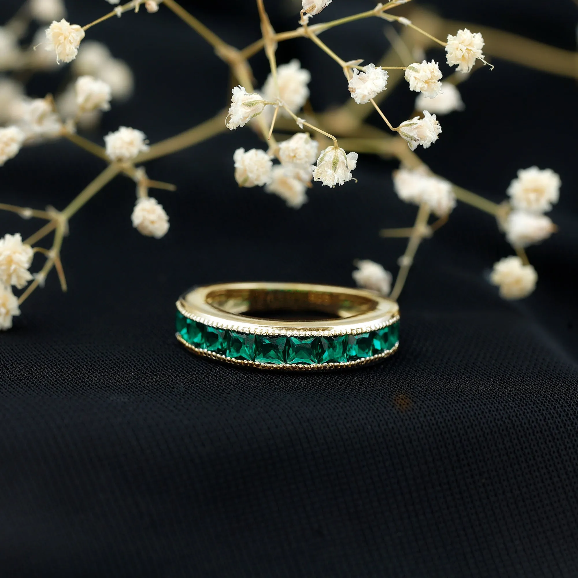 Channel Set Created Emerald Semi Eternity Band Ring with Milgrain Gold