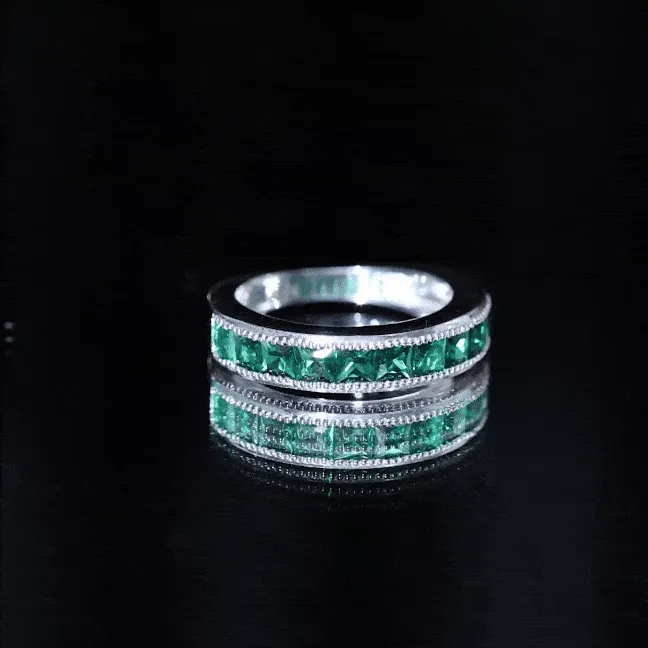 Channel Set Created Emerald Semi Eternity Band Ring with Milgrain Gold