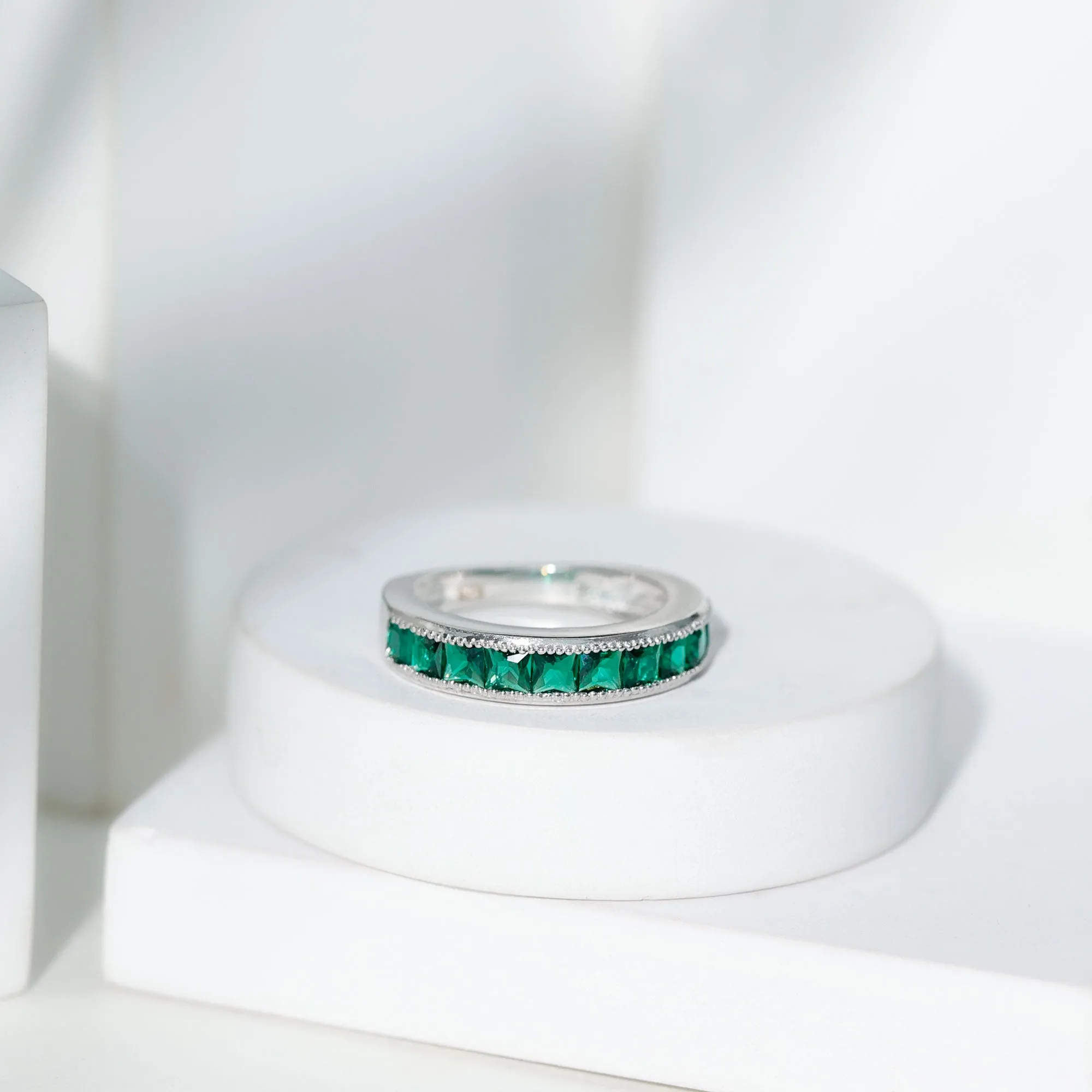 Channel Set Created Emerald Semi Eternity Band Ring with Milgrain Gold