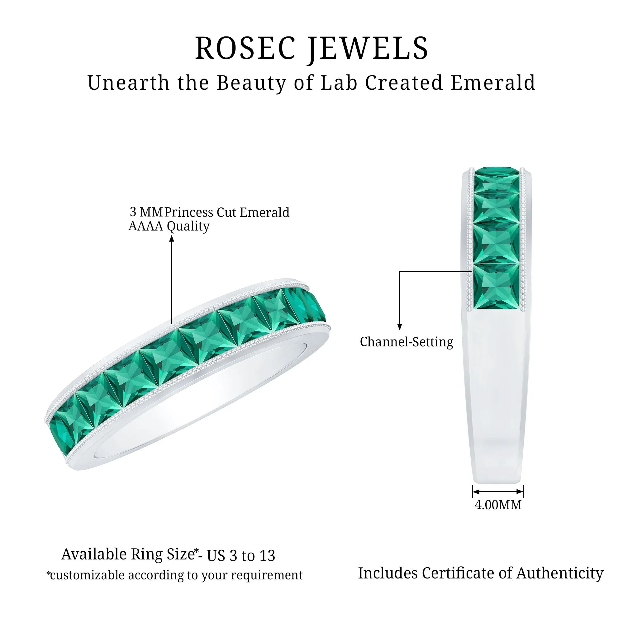 Channel Set Created Emerald Semi Eternity Band Ring with Milgrain Gold