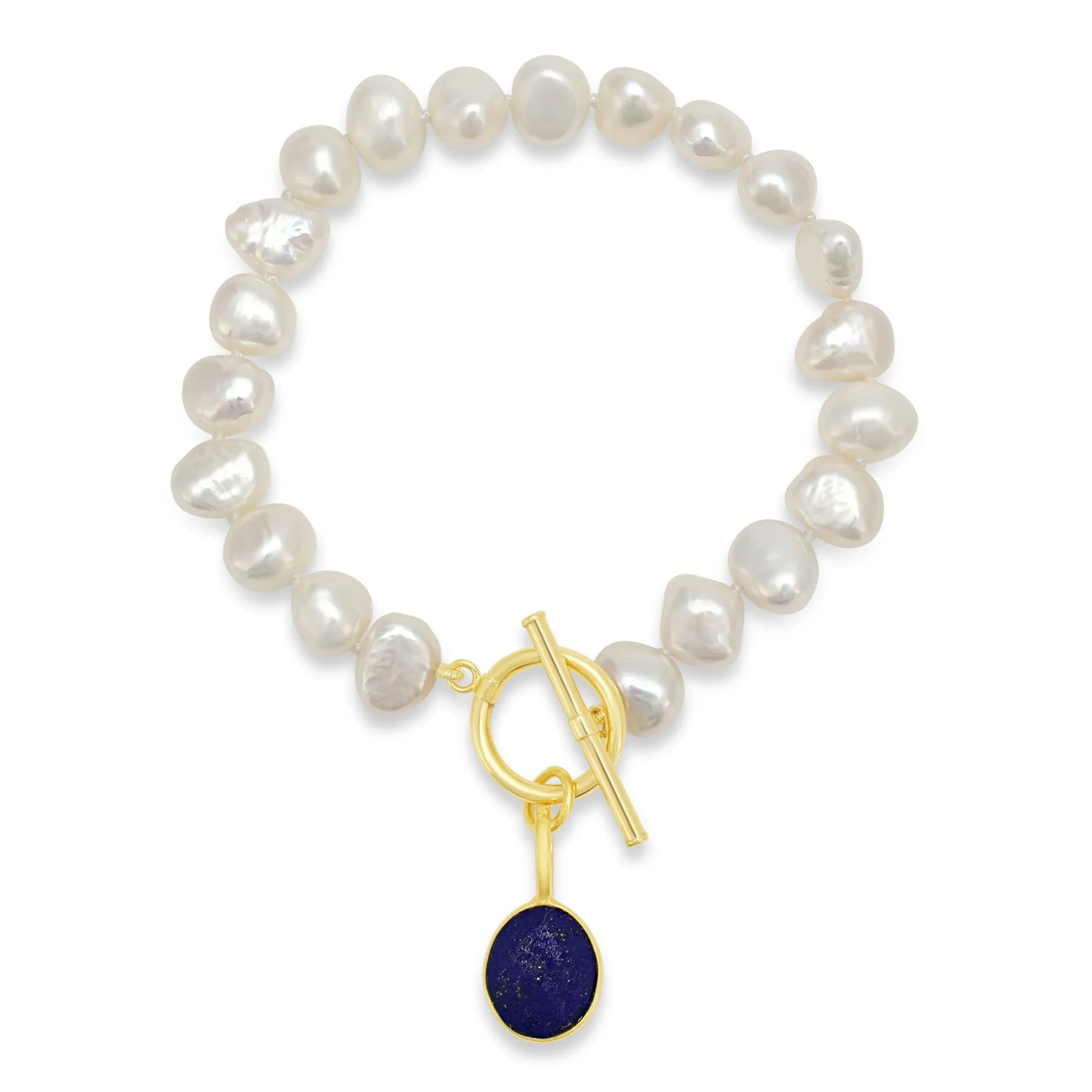 Clara white irregular cultured freshwater pearl bracelet with a lapis lazuli drop pendant