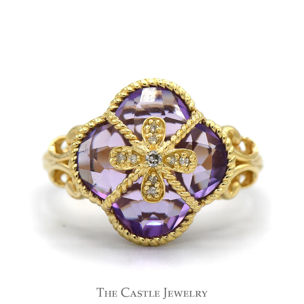 Clover Cut Amethyst Ring with Diamond Accents and Butterfly Designed Sides in 14k Yellow Gold