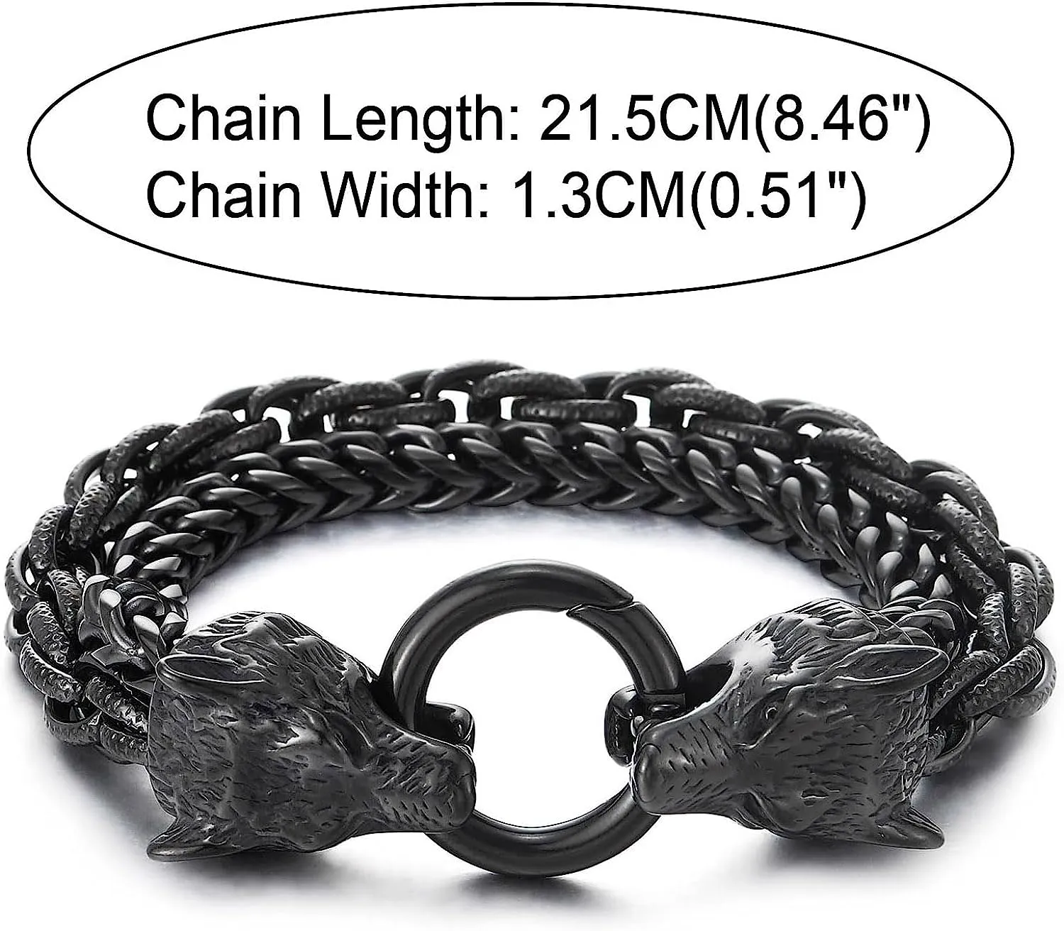 COOLSTEELANDBEYOND Biker Viking Black Wolf Heads Bracelet Mens Steel Double Curb Chain Braided Rope Chain Bracelet