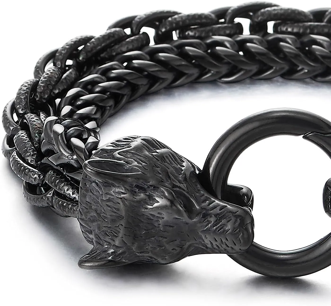 COOLSTEELANDBEYOND Biker Viking Black Wolf Heads Bracelet Mens Steel Double Curb Chain Braided Rope Chain Bracelet