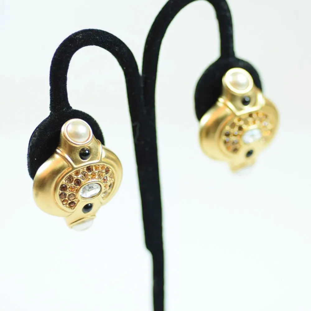 Costume Gold Tone Clip On Earrings with Black, Amber, and White Stones