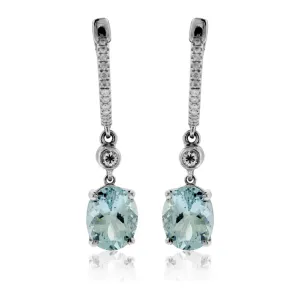 Diamond Hoop & Aquamarine Dangle Drop Earrings