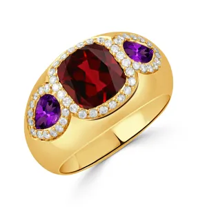 Doves 18K Yellow Gold Cushion Garnet Ring with Pear Amethyst Sides and Diamond Halo