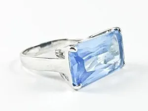 Elegant Thin Rectangular Cut & Shape Center Aquamarine CZ Silver Ring