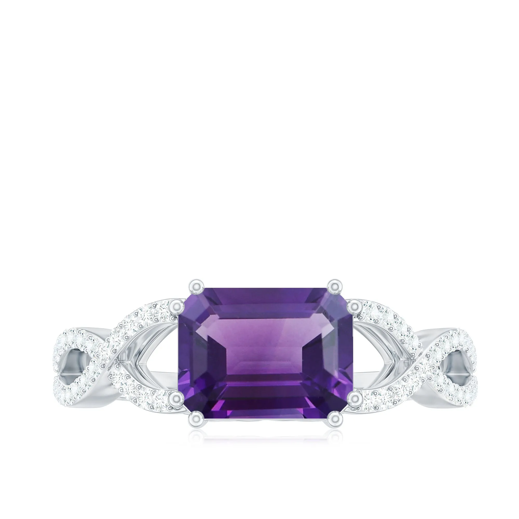 Emerald Cut Amethyst East West Crossover Ring with Diamond