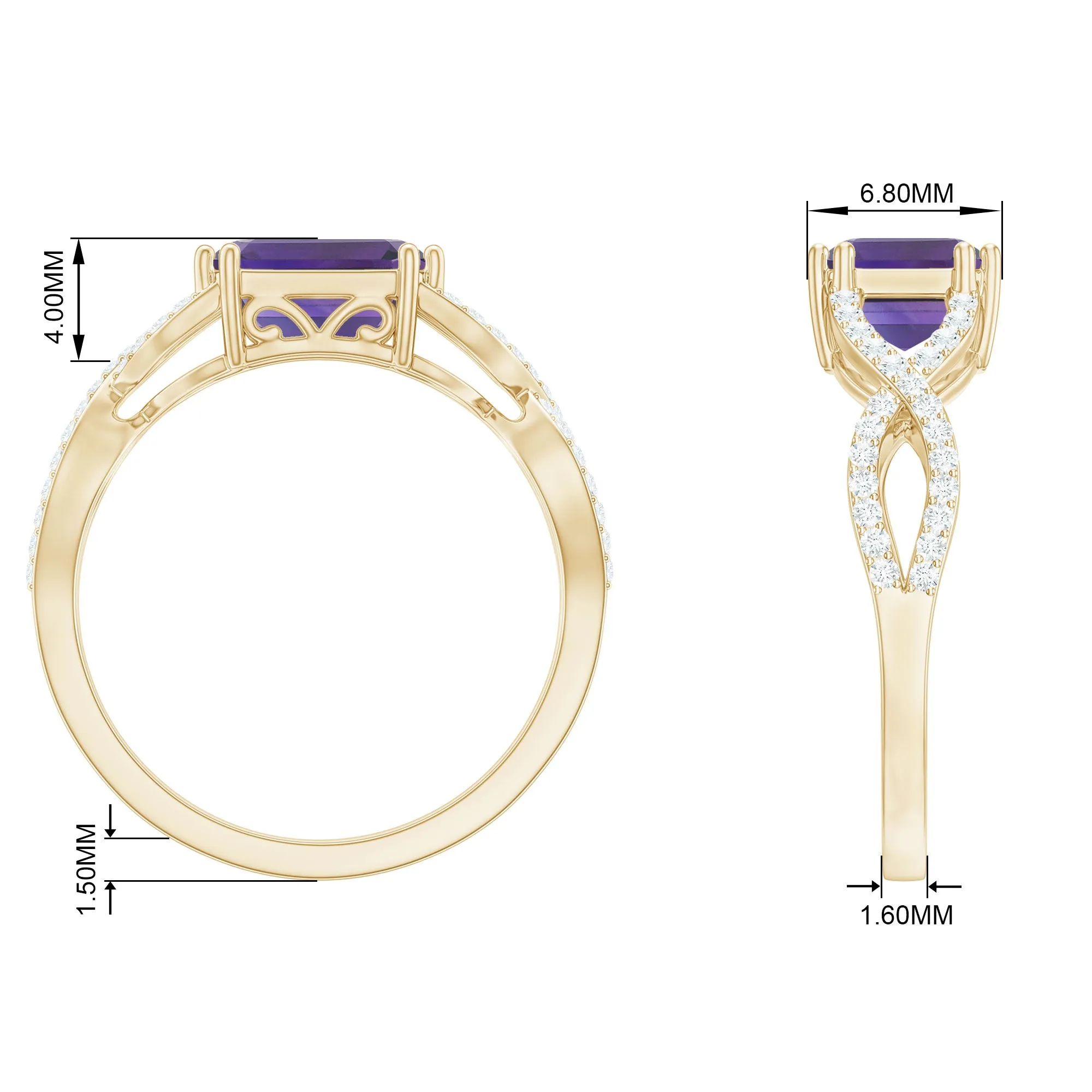 Emerald Cut Amethyst East West Crossover Ring with Diamond