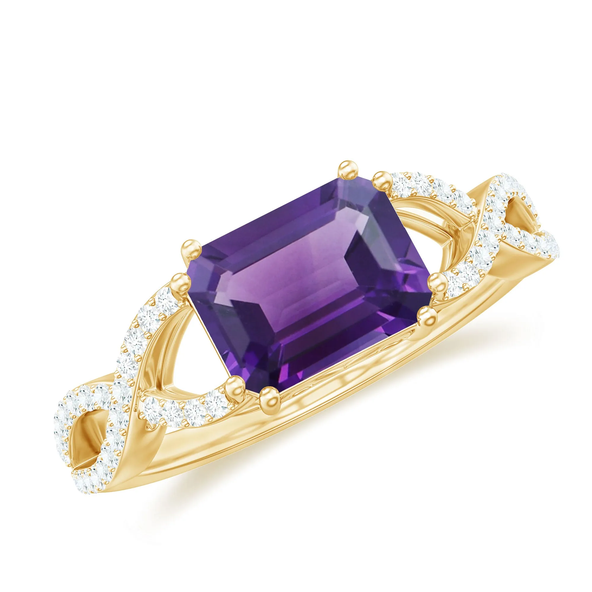 Emerald Cut Amethyst East West Crossover Ring with Diamond