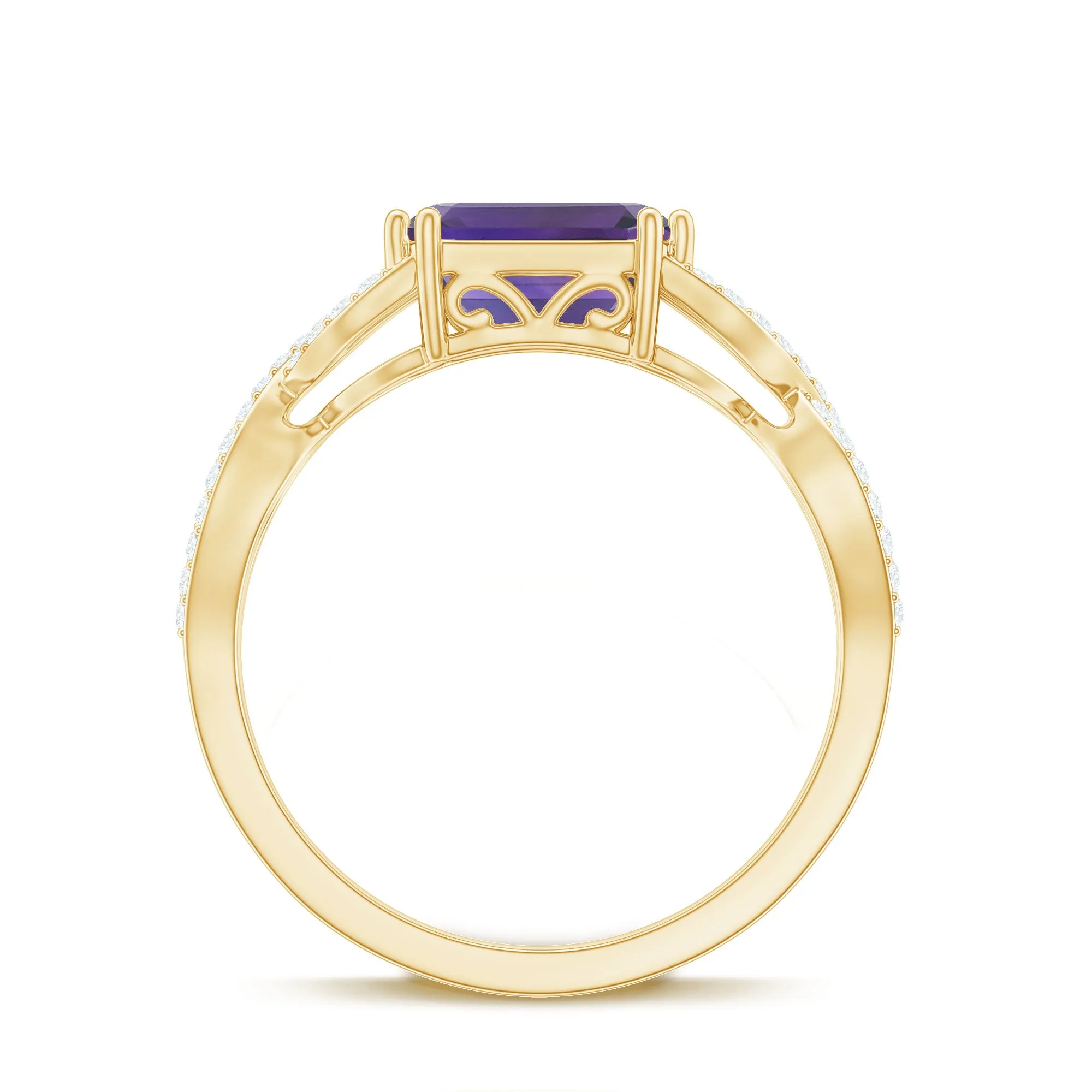 Emerald Cut Amethyst East West Crossover Ring with Diamond