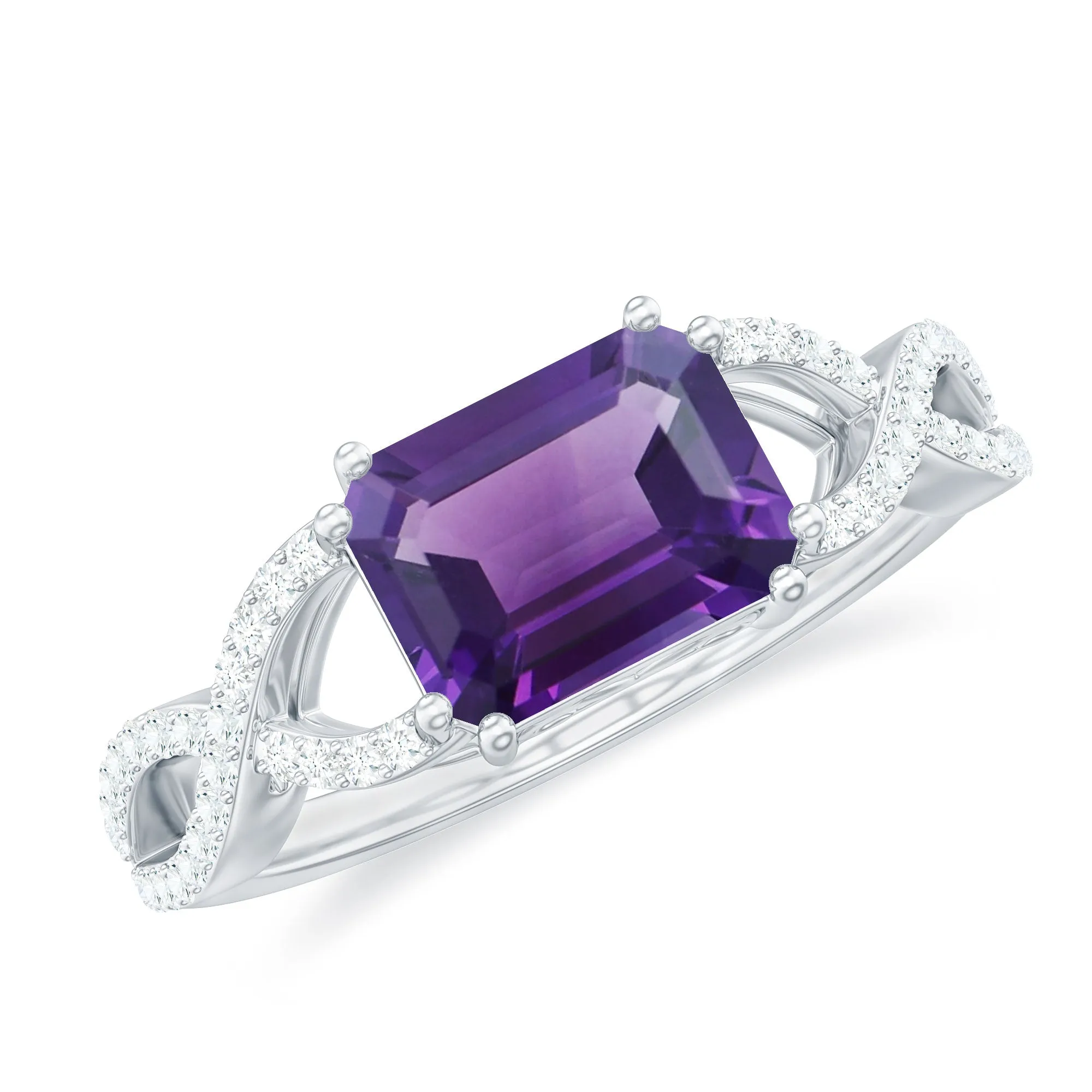 Emerald Cut Amethyst East West Crossover Ring with Diamond