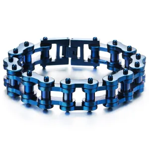 Exquisite Mens Blue Bike Chain Bracelet of Stainless Steel High Polished