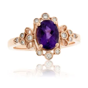 Fancy Oval Cut Amethyst and Diamond Vintage Inspired Halo Ring