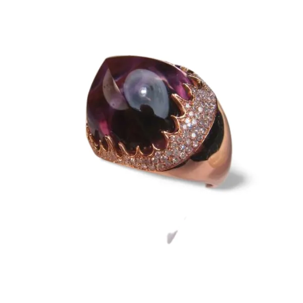 Gorgeous 14K Pink Rose Gold Huge Cabochon Amethyst Diamond Designer Ring Band