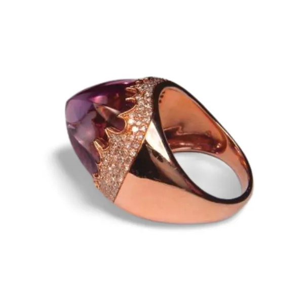 Gorgeous 14K Pink Rose Gold Huge Cabochon Amethyst Diamond Designer Ring Band