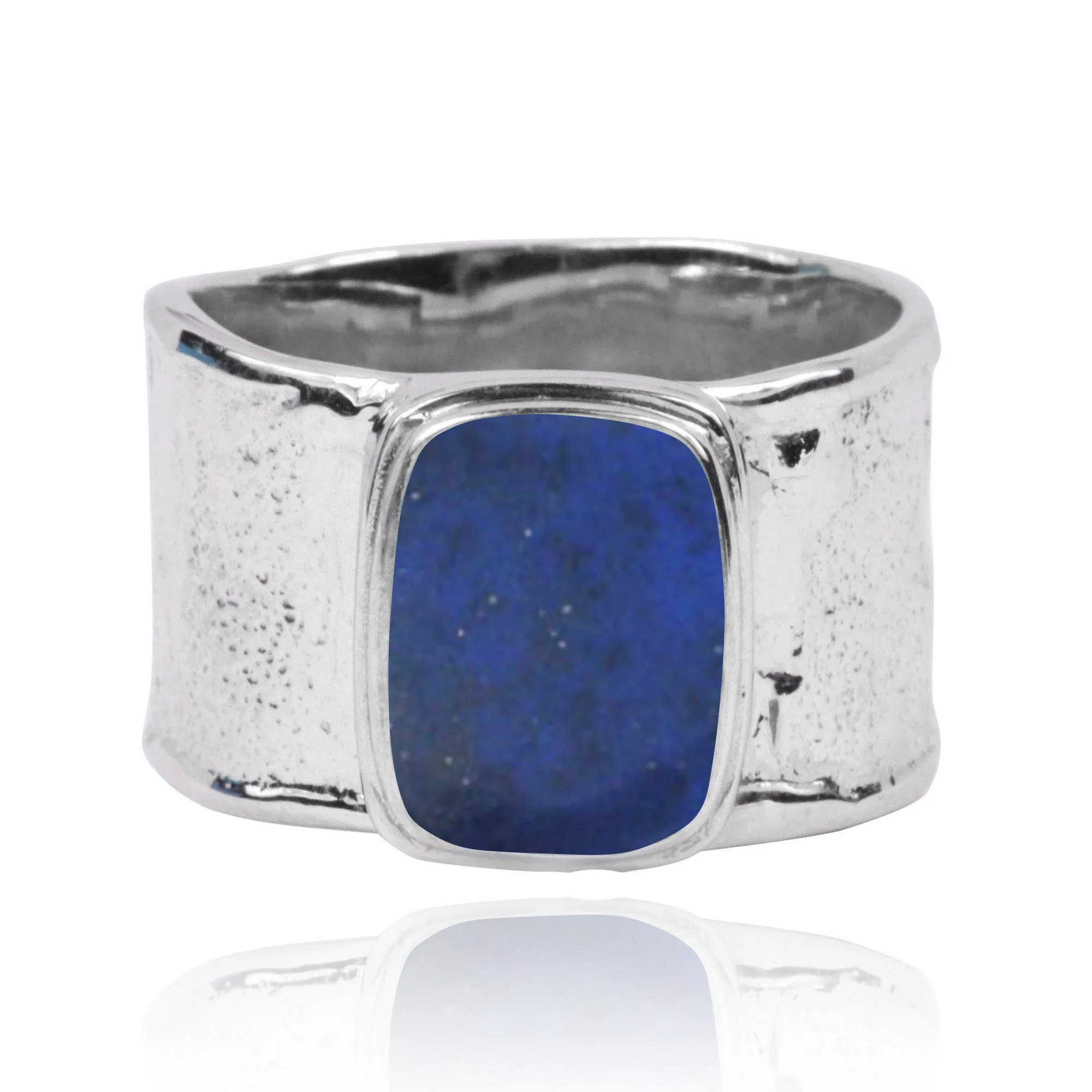 Hammered Sterling Silver Israeli Style Cushion Shaped Lapis Ring