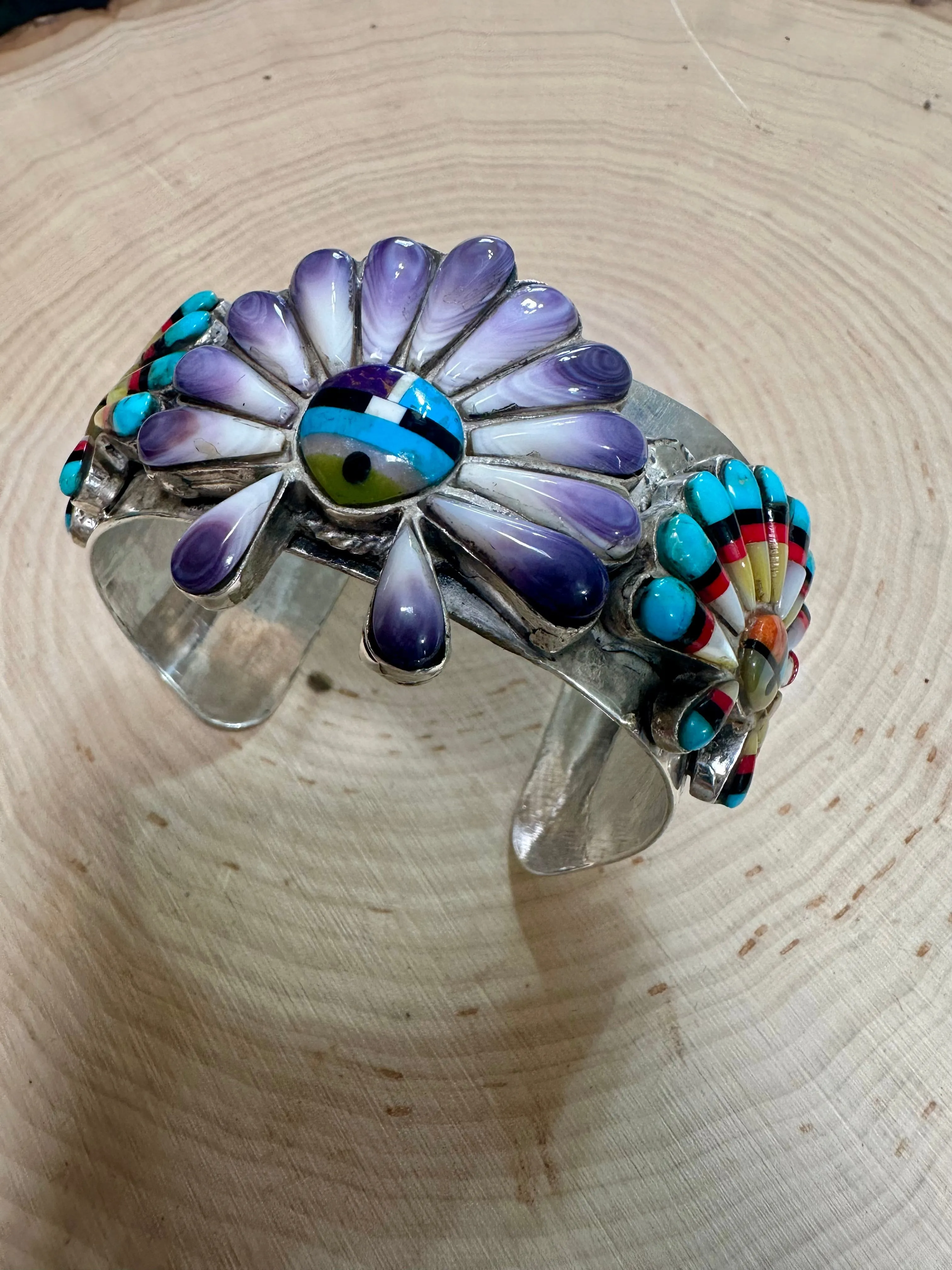 Handmade Sterling Silver Multi Stone Southwest Inlay Sunface Cuff