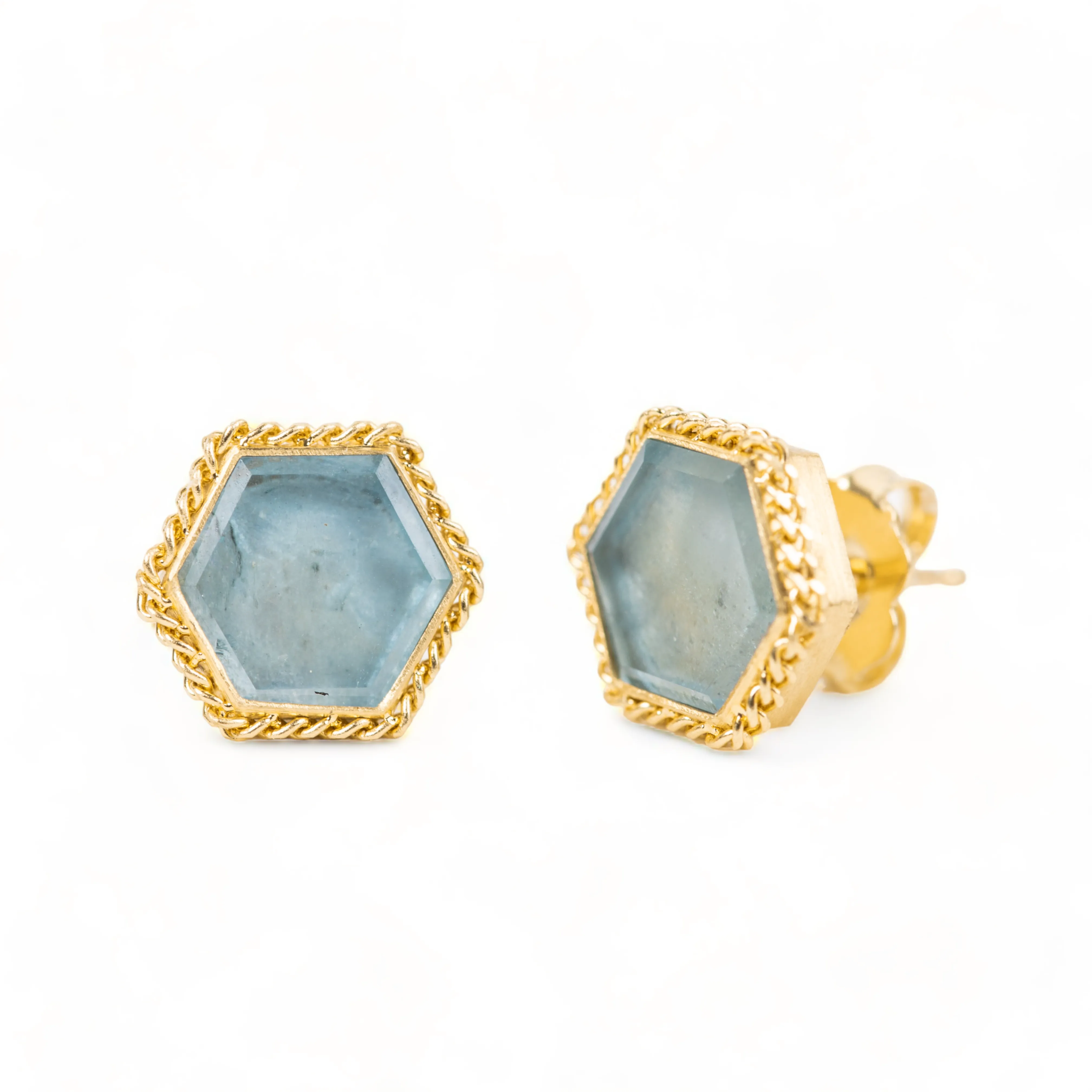 Hexagon Aquamarine Stud Earrings