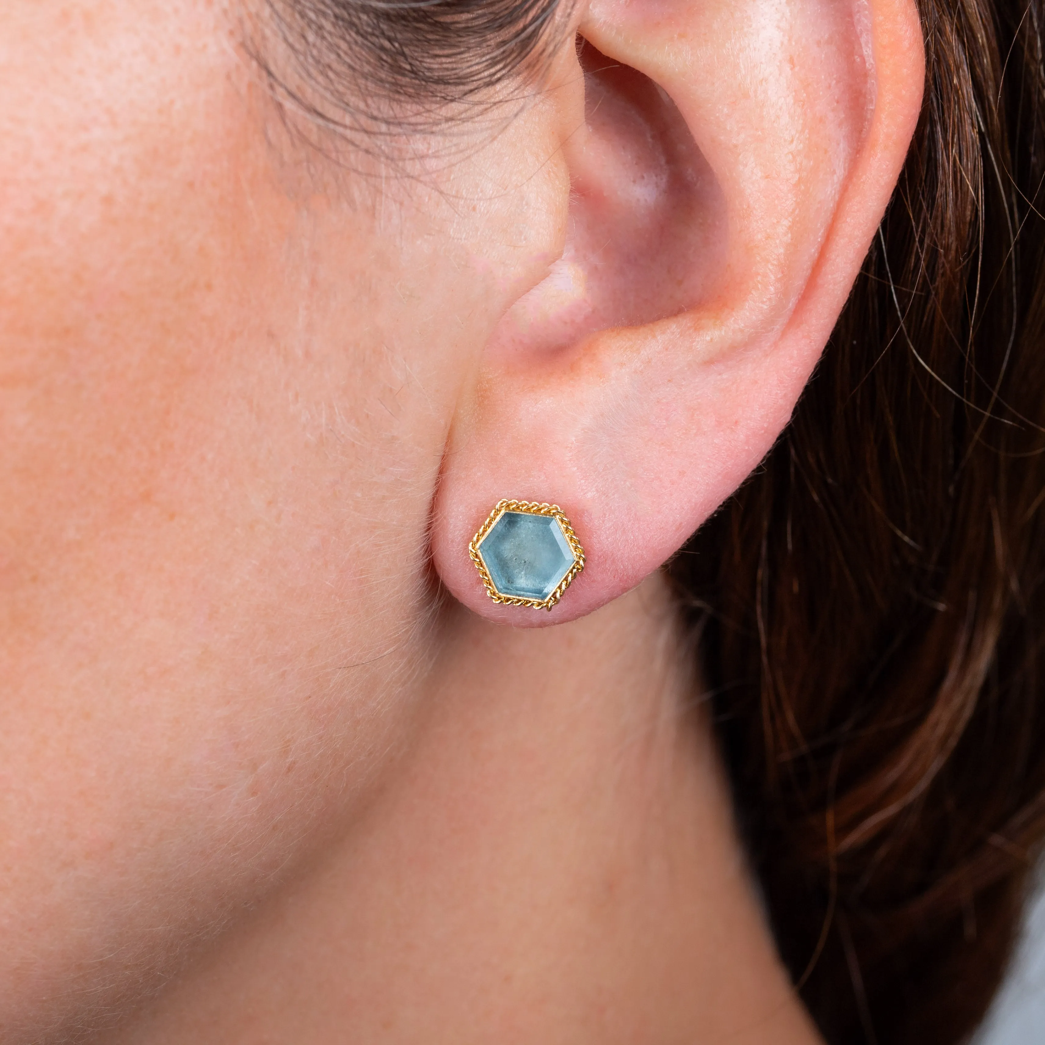 Hexagon Aquamarine Stud Earrings