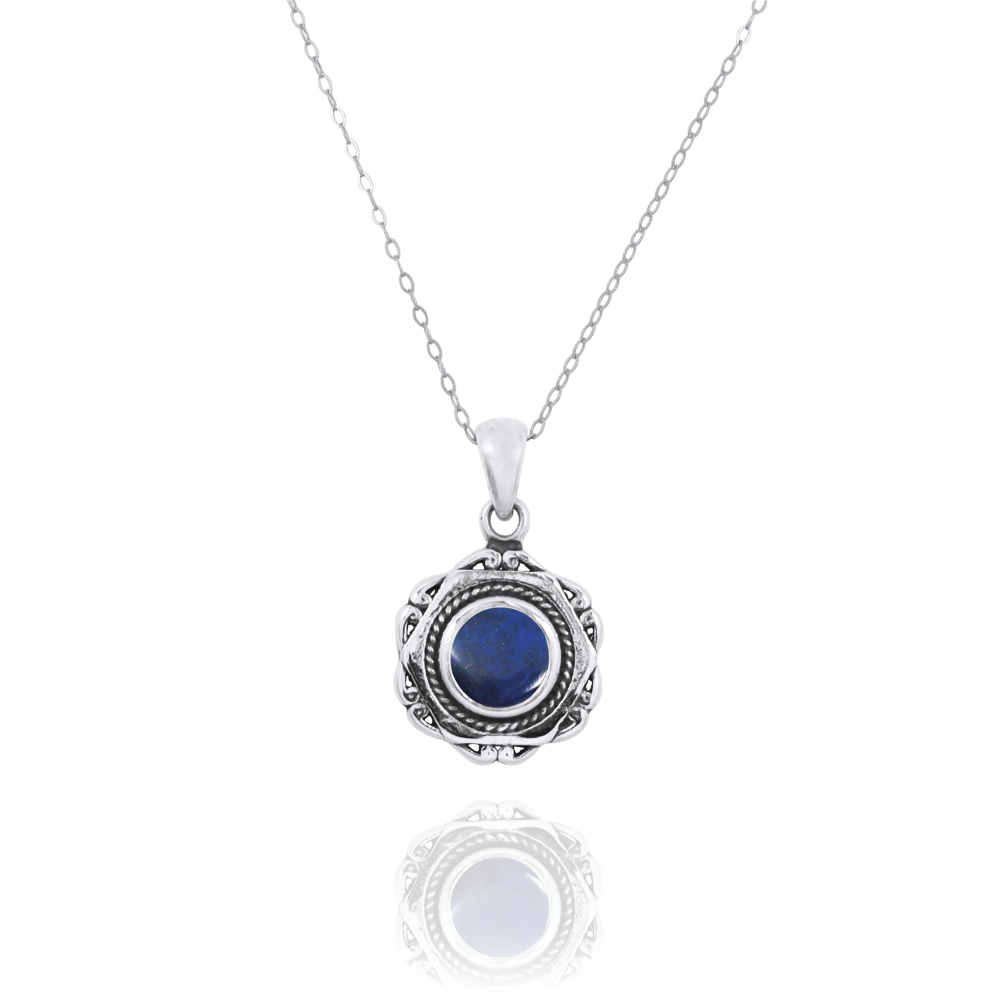 Hexagonal Shaped Oxidized Silver Pendant with Round Lapis