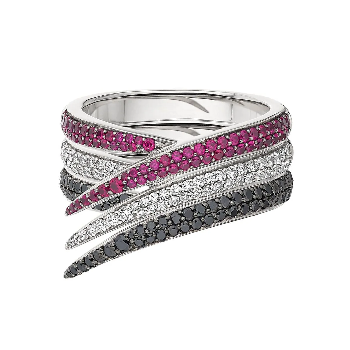 Interlocking Stacked Ring - White & Black Diamond and Pink Sapphire