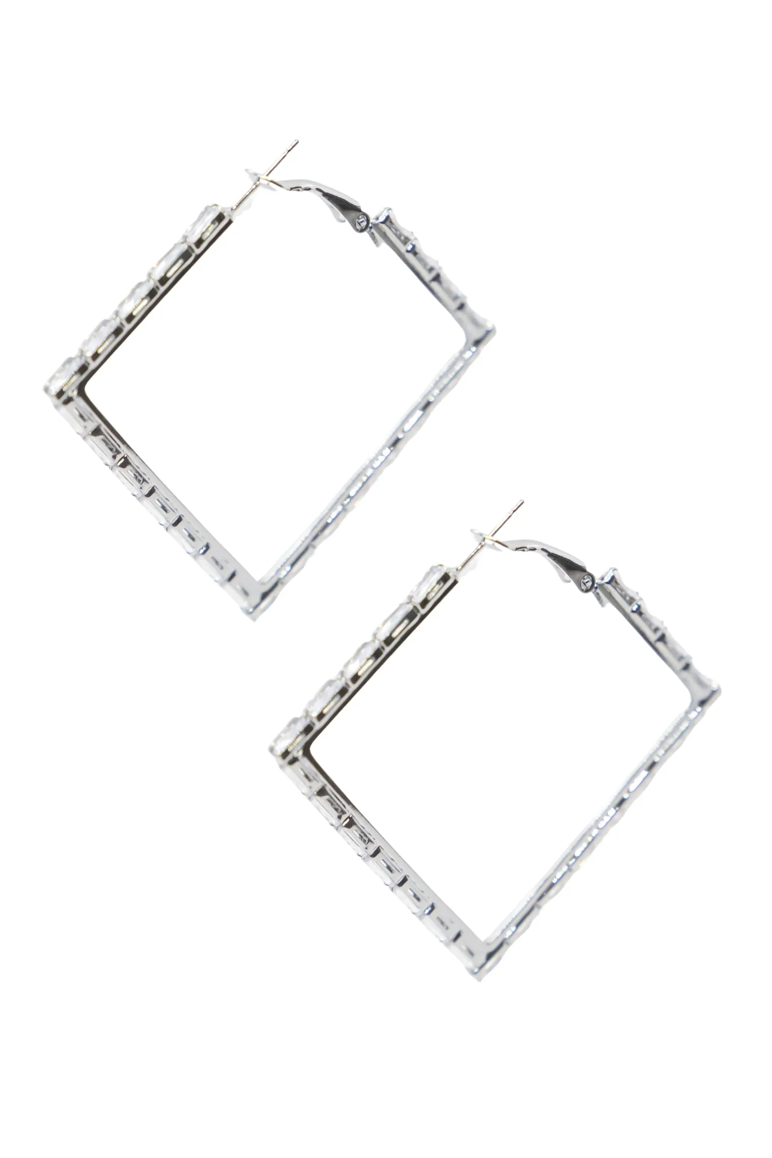 Large Silver and Crystal square Hoops Earrings