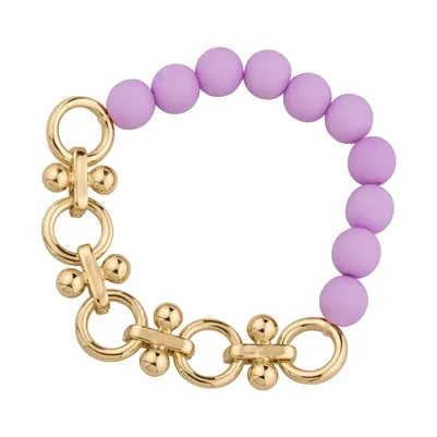 Lavender Color Coated Bead with Gold Chain Stretch Bracelet