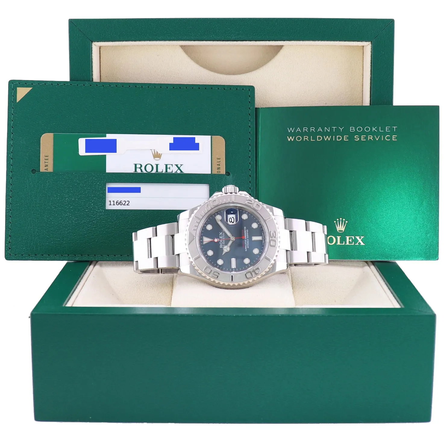 MINT 2015 PAPERS Rolex Yacht-Master 116622 Steel Platinum Blue 40mm Watch Box