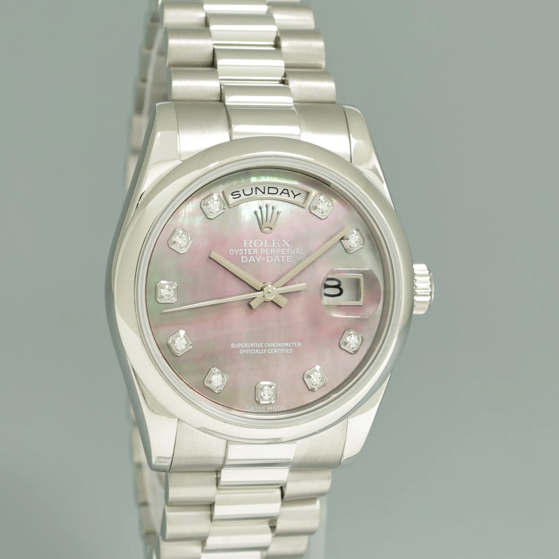 MINT Rolex Platinum 36mm President 118206 Mother of Pearl Diamond Dial Watch Box